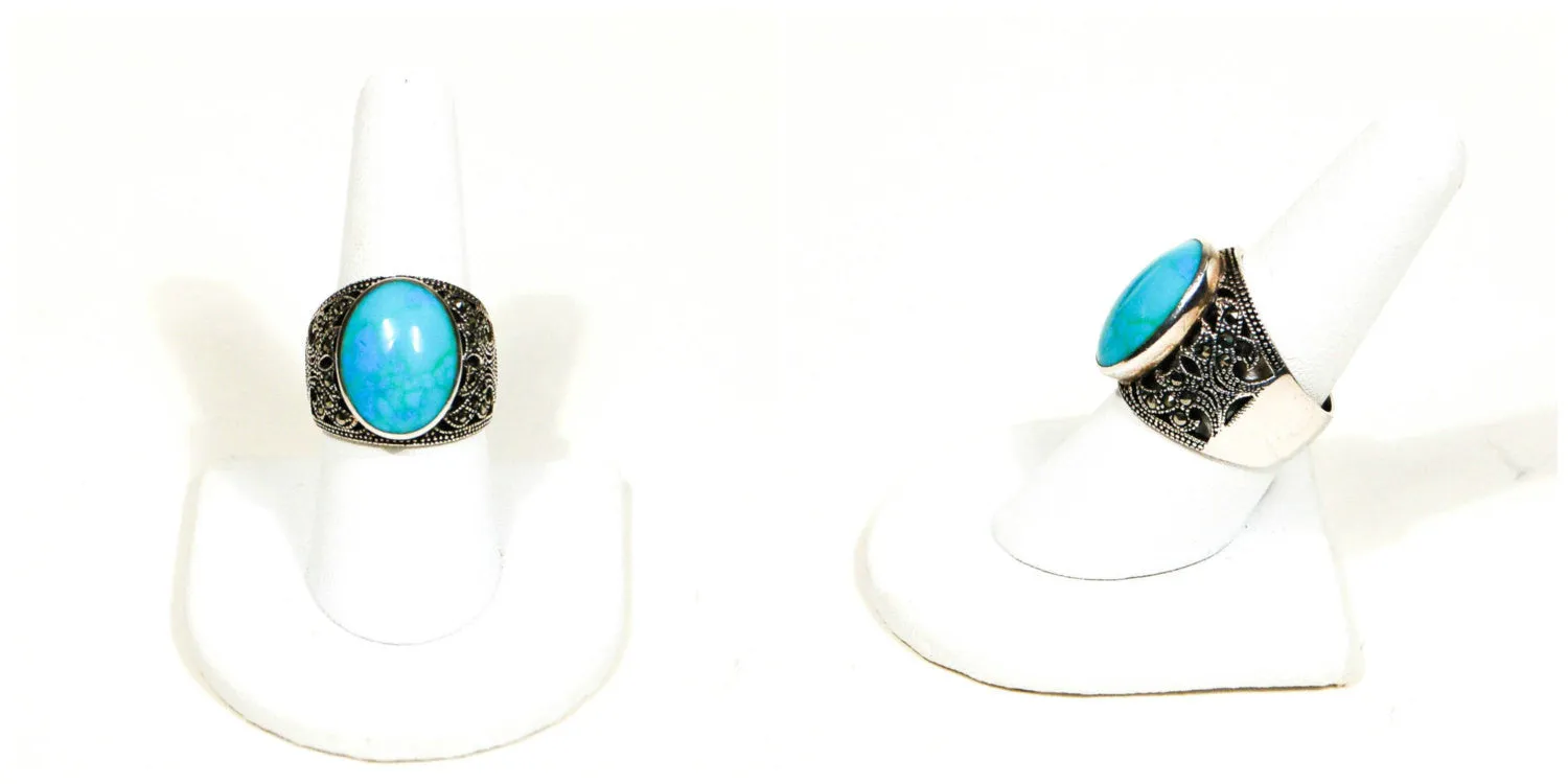 Turquoise and Marcasite Statement Ring, Sterling Silver, Filigree Brand, Designer Jewelry, Size 8