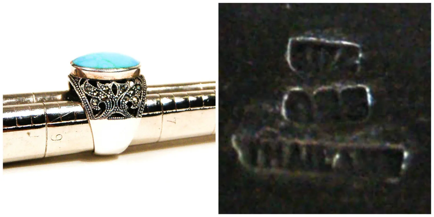 Turquoise and Marcasite Statement Ring, Sterling Silver, Filigree Brand, Designer Jewelry, Size 8
