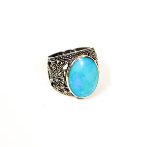 Turquoise and Marcasite Statement Ring, Sterling Silver, Filigree Brand, Designer Jewelry, Size 8