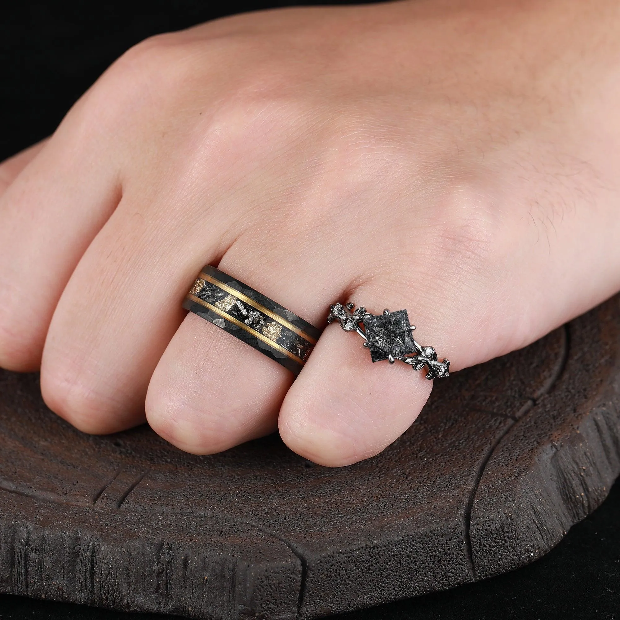 Unique 2CT Princess Cut Natural Black Rutilated Quartz Engagement Couples Ring Set