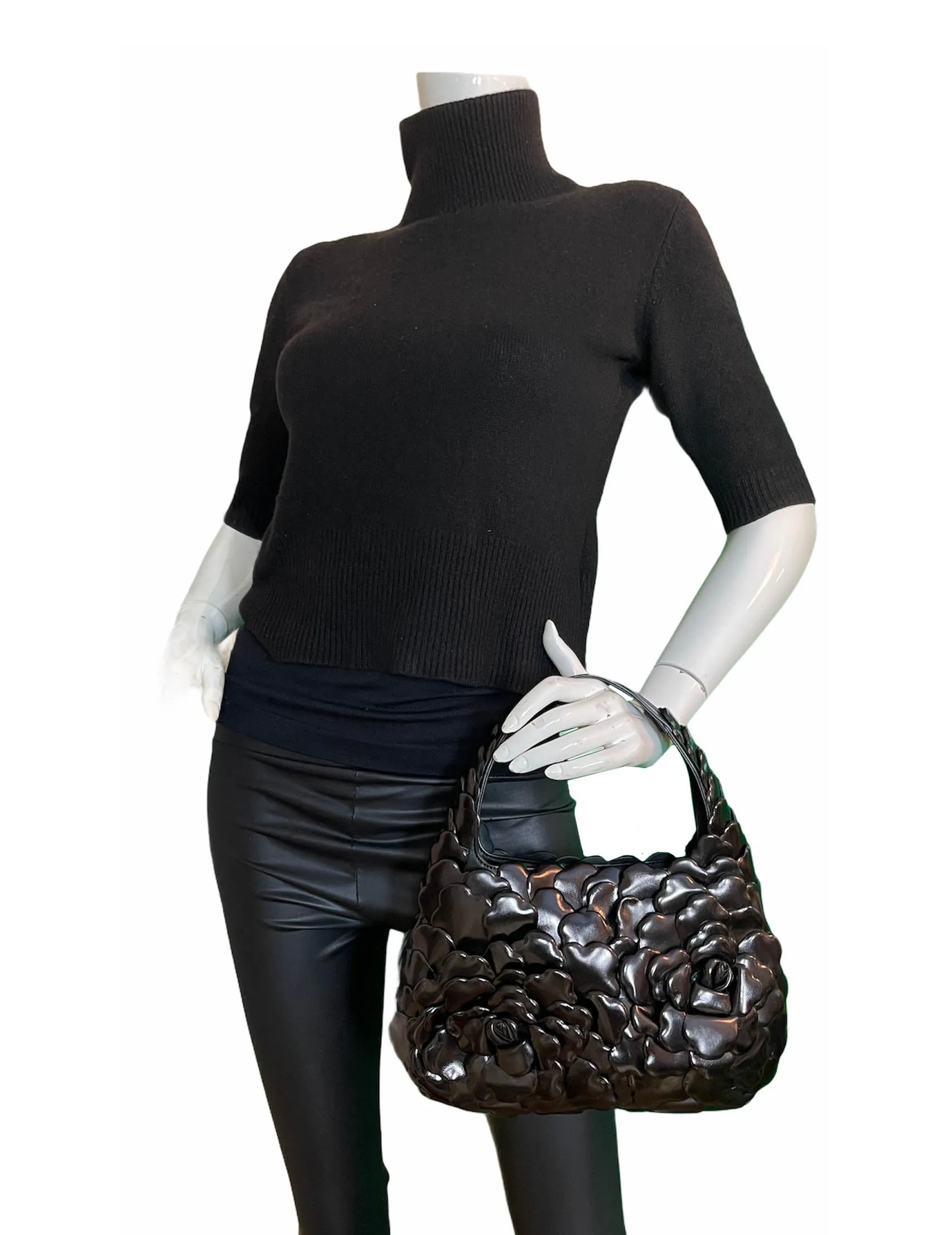 Valentino Black Leather Atelier Rose 03 Edition Small Hobo Bag