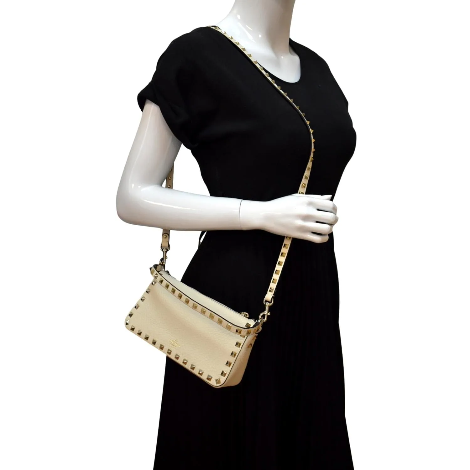 VALENTINO Garavani Rockstud Calfskin Leather Crossbody Bag Beige