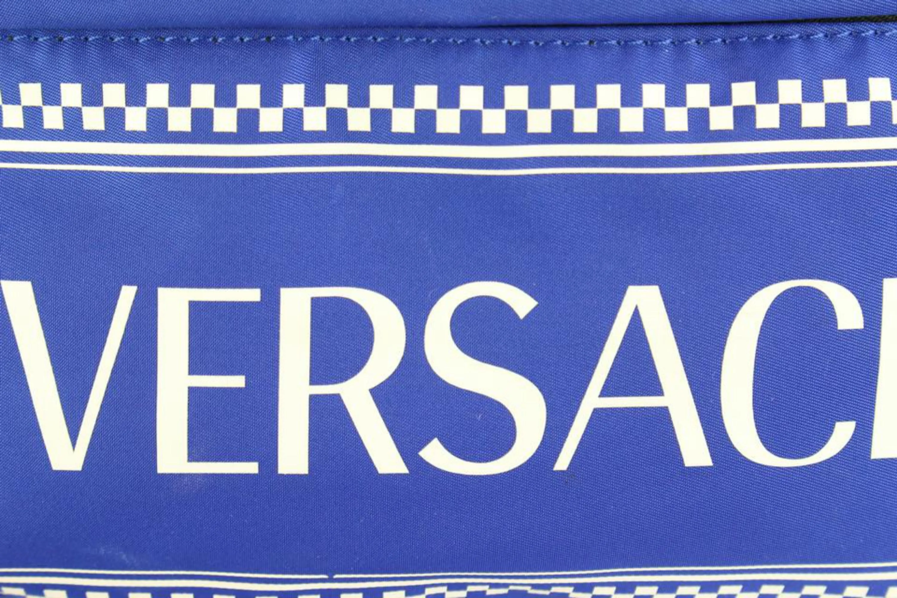 Versace Blue Zaino Stampa Logo Nylon Backpack Travel Bag 39v54s
