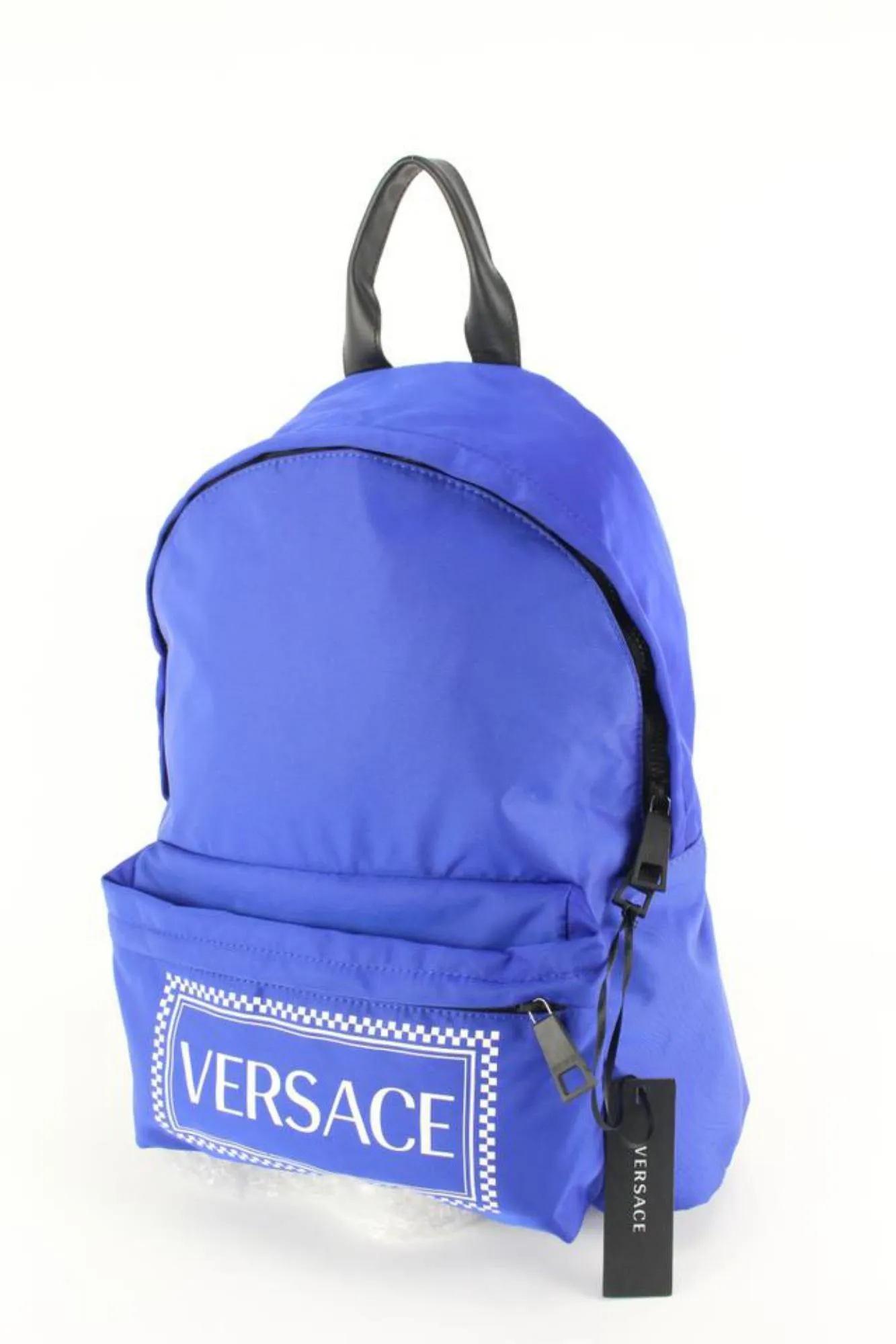 Versace Blue Zaino Stampa Logo Nylon Backpack Travel Bag 39v54s