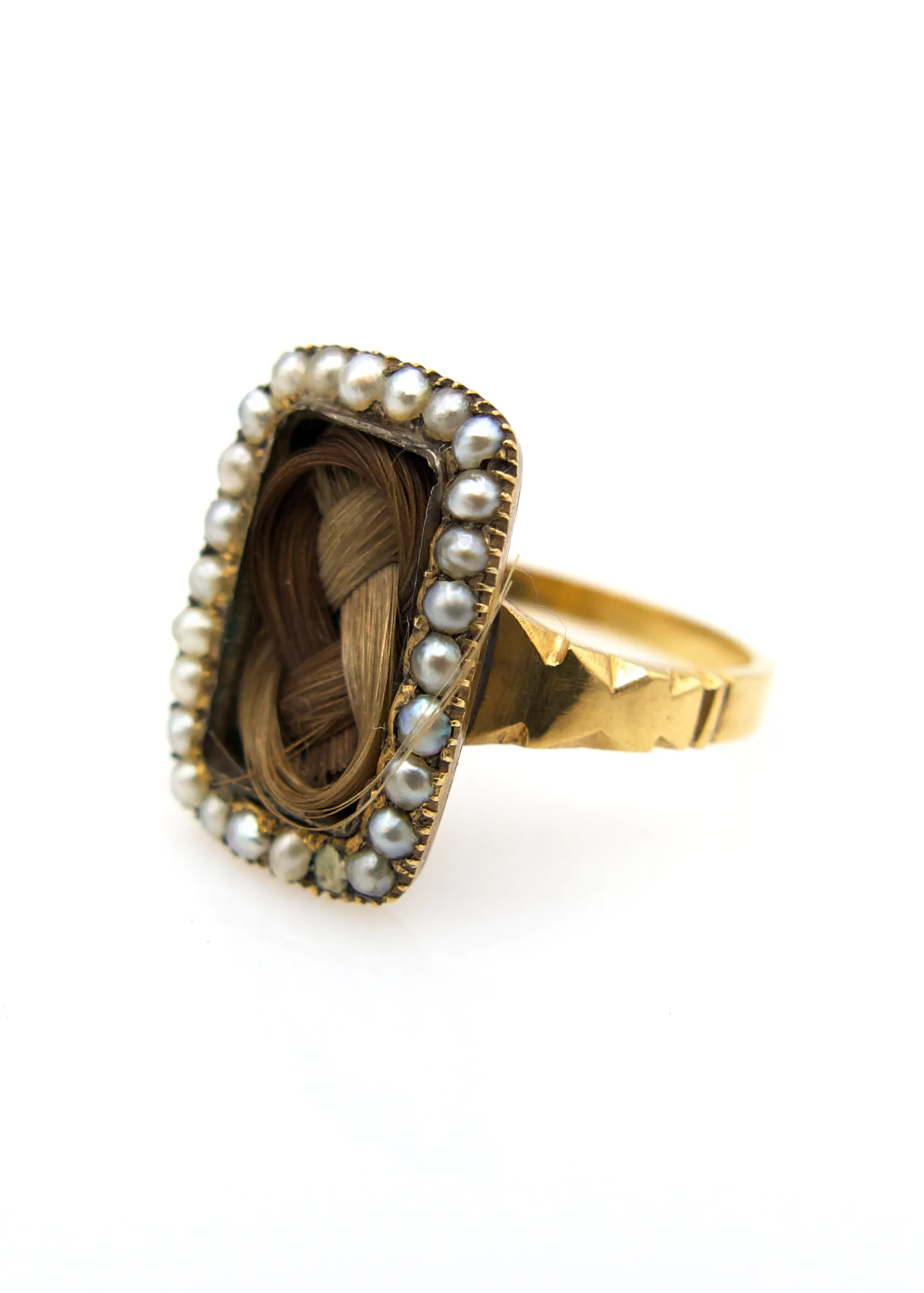 Victorian 9K Gold Hair Braid Mourning Ring with Seed Pearls