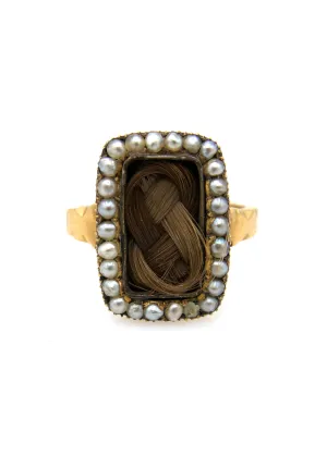 Victorian 9K Gold Hair Braid Mourning Ring with Seed Pearls
