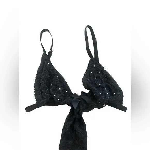 Victoria’s Secret Black Lace Rhinestones Bows Strapy Sexy Little Things sz S