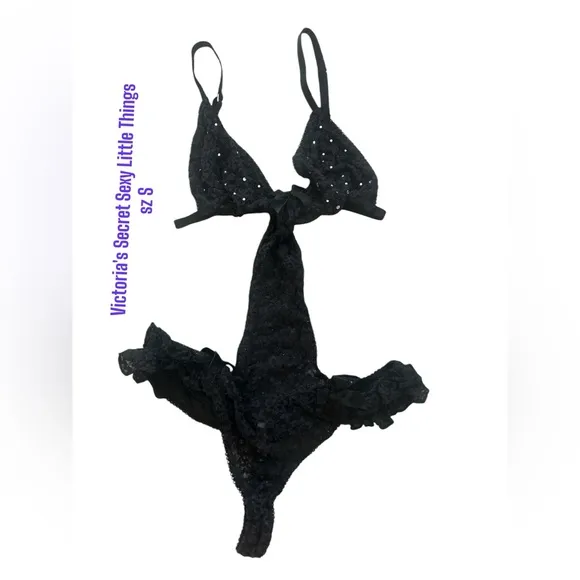 Victoria’s Secret Black Lace Rhinestones Bows Strapy Sexy Little Things sz S