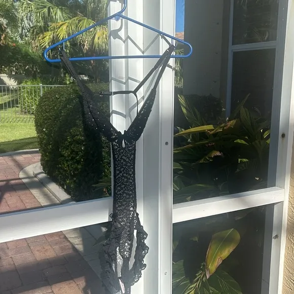 Victoria’s Secret Black Lace Rhinestones Bows Strapy Sexy Little Things Teddy S