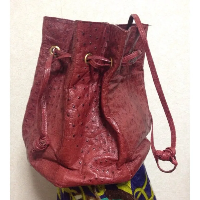 Vintage BALLY genuine ostrich wine red hexagonal pyramid patchwork hobo bucket shoulder bag. 150301