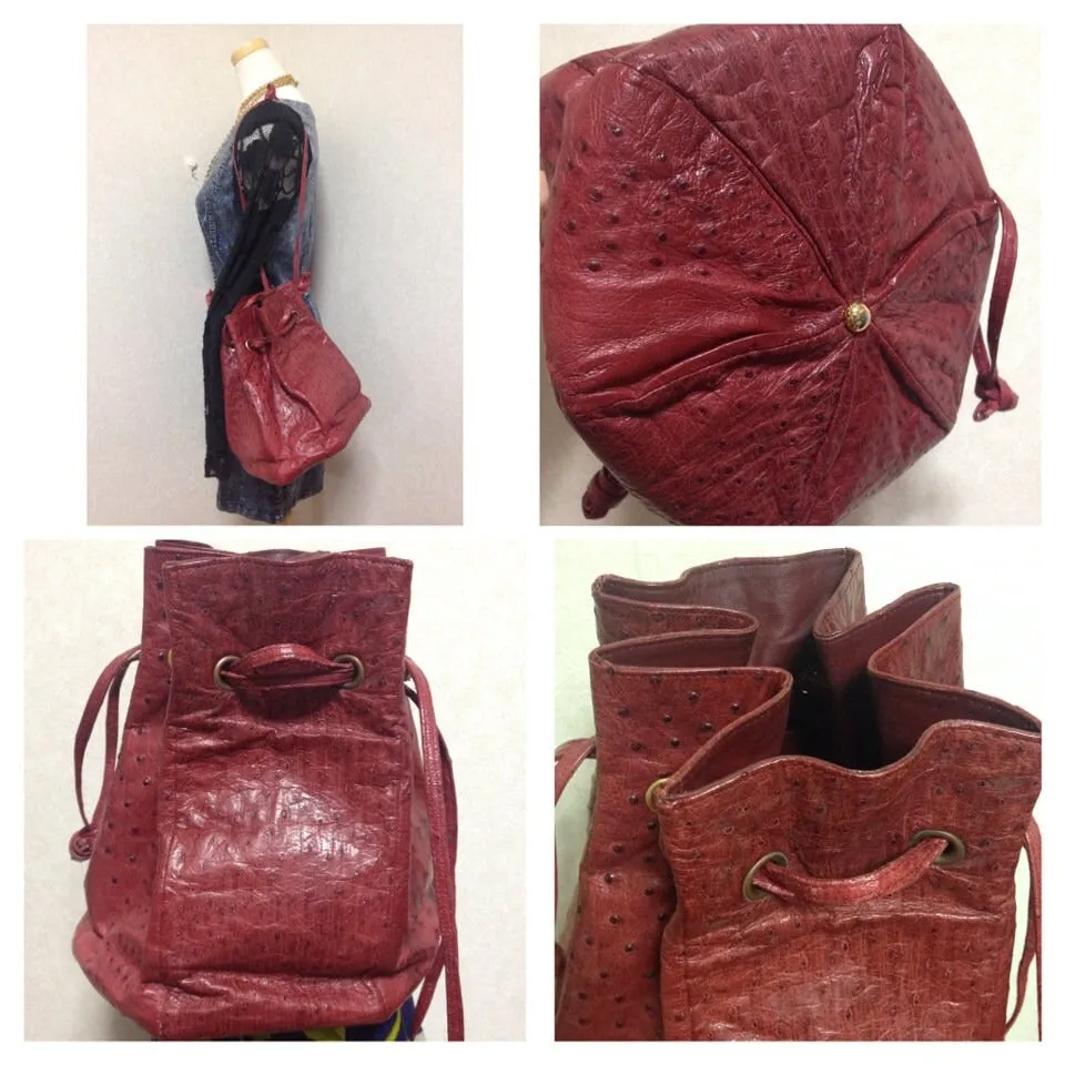 Vintage BALLY genuine ostrich wine red hexagonal pyramid patchwork hobo bucket shoulder bag. 150301