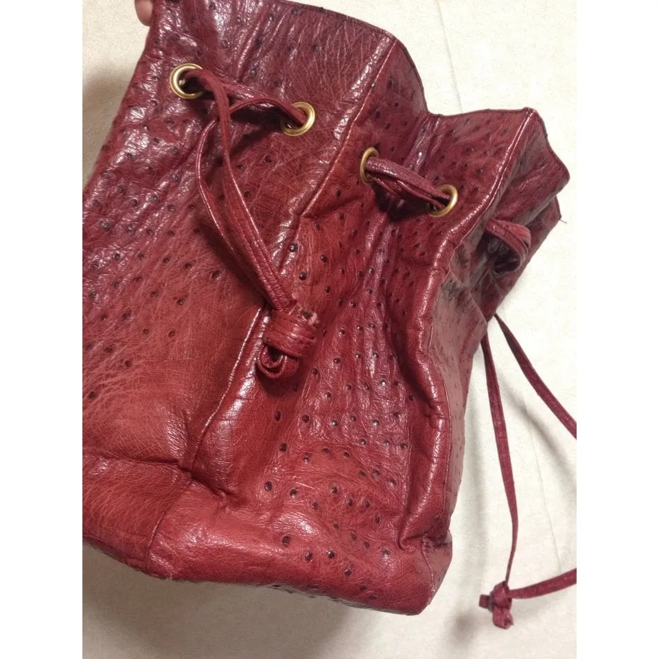 Vintage BALLY genuine ostrich wine red hexagonal pyramid patchwork hobo bucket shoulder bag. 150301