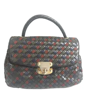 Vintage Bottega Veneta black, navy, wine, green, multicolor intrecciato woven leather handbag. Rare masterpiece.
