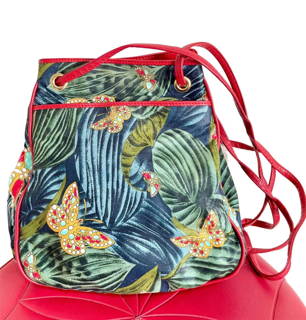 Vintage Bottega Veneta butterfly and leaf printed hobo bag with red leather trimmings. 050327ys3