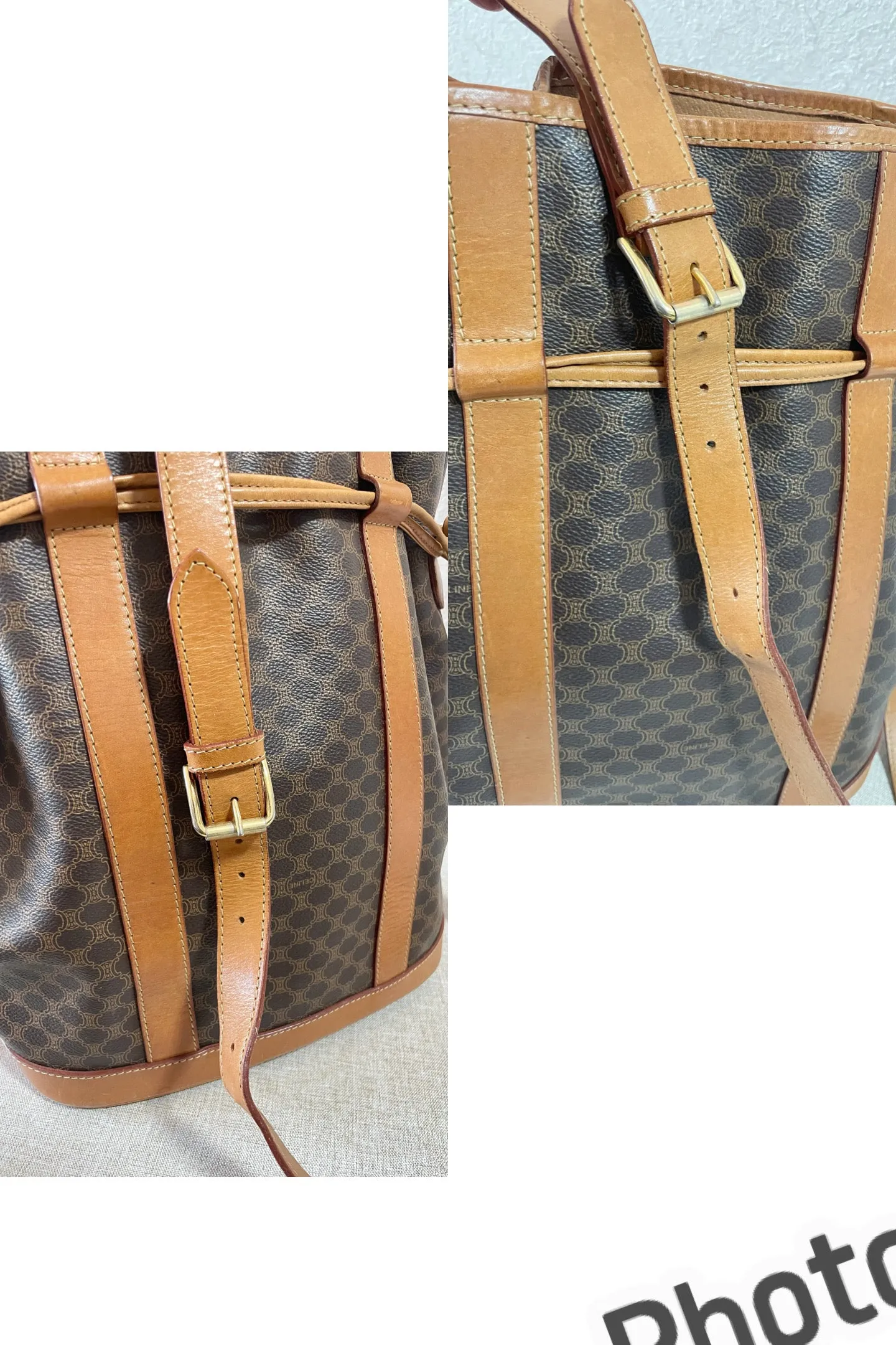 Vintage Celine hobo bucket shoulder bag in classic brown triomphe pattern with leather straps. 070218ys8