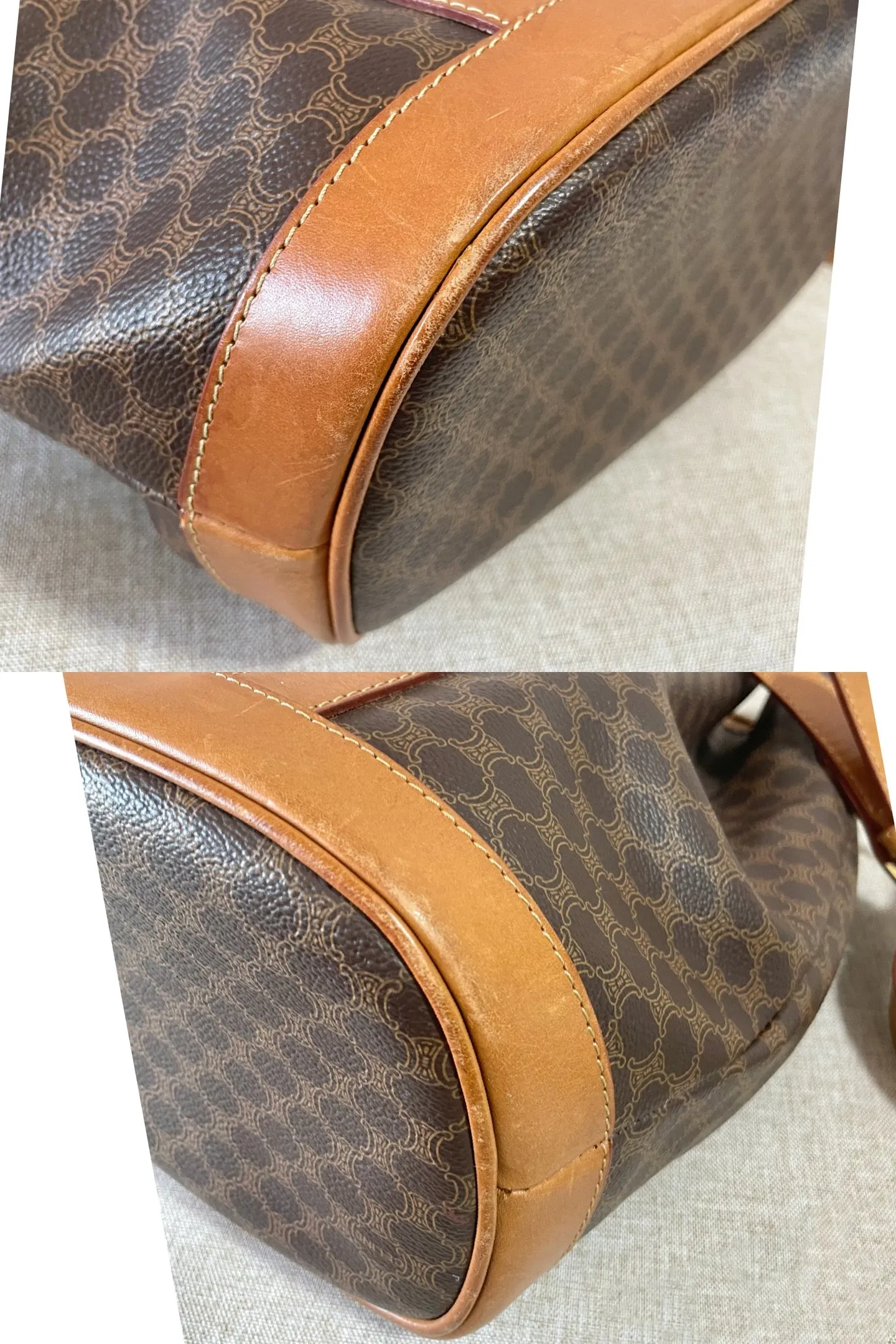 Vintage Celine hobo bucket shoulder bag in classic brown triomphe pattern with leather straps. 070218ys8