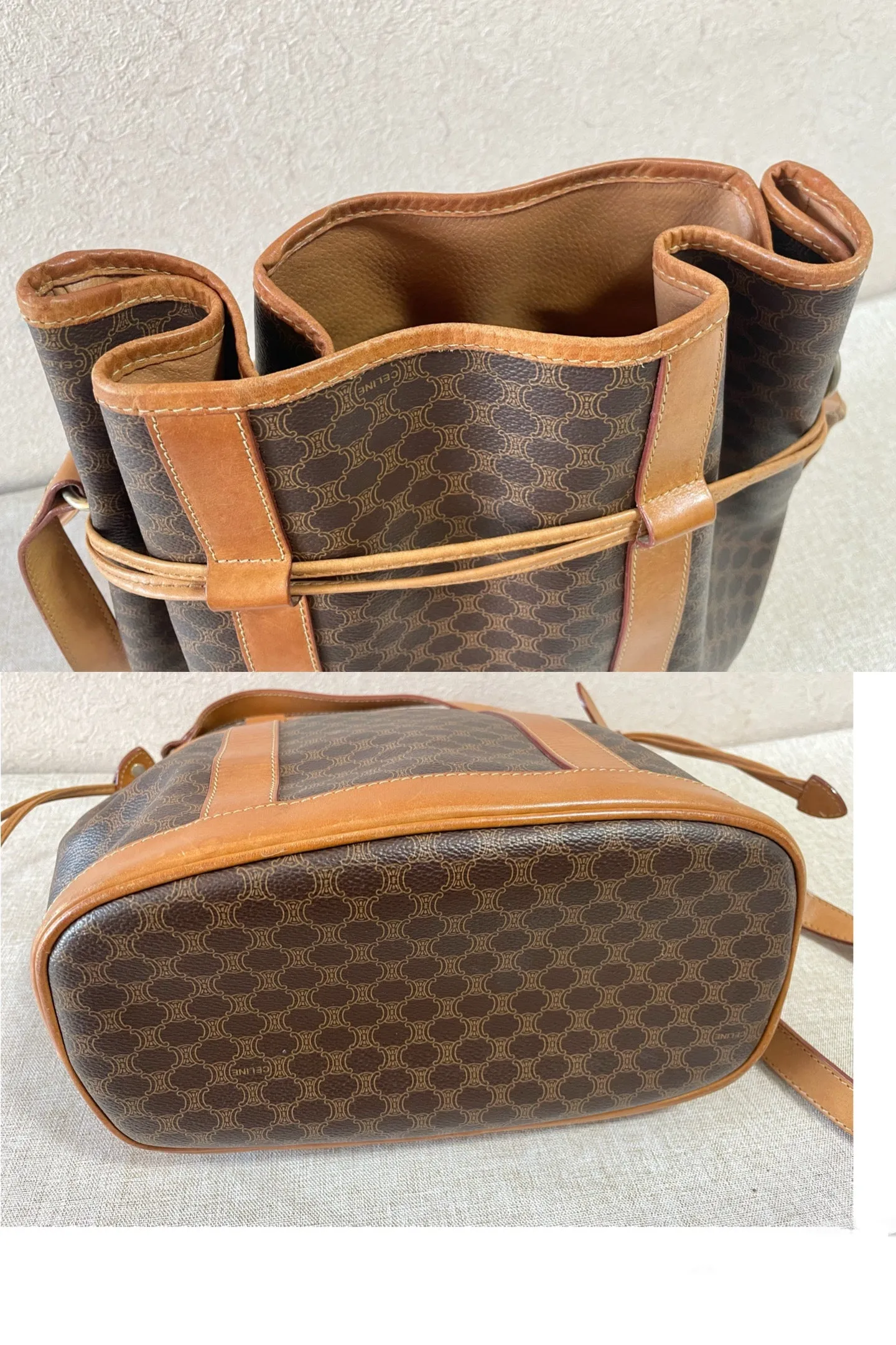 Vintage Celine hobo bucket shoulder bag in classic brown triomphe pattern with leather straps. 070218ys8