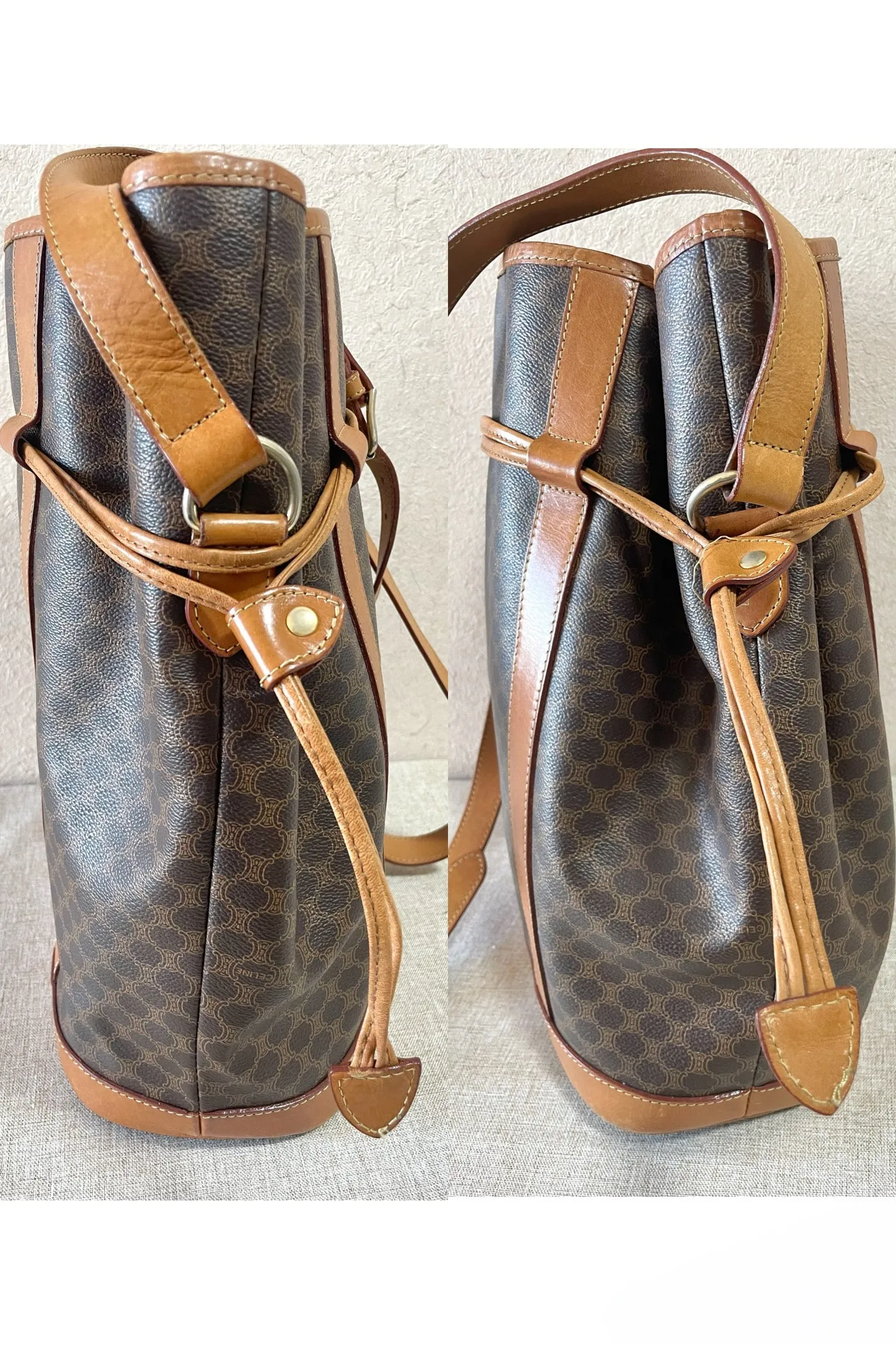 Vintage Celine hobo bucket shoulder bag in classic brown triomphe pattern with leather straps. 070218ys8
