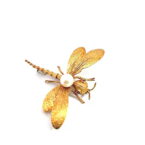 Vintage Corletto 18k yellow gold ruby eye pearl back dragonfly brooch pin