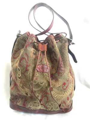 Vintage Mulberry khaki and wine brown gabeline weave fabric hobo bucket shoulder bag with leather trimming. Made in England. 050320r12