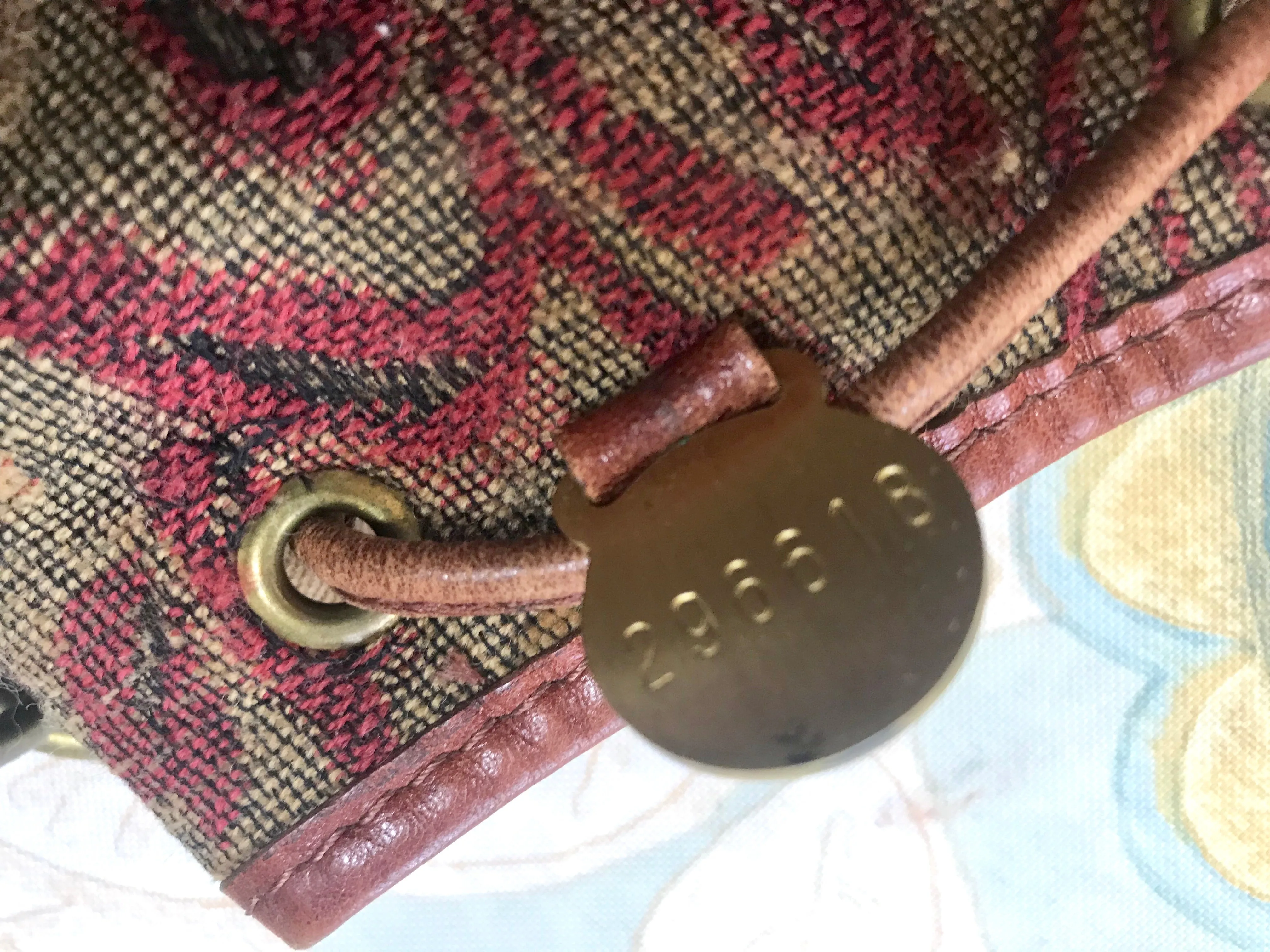 Vintage Mulberry khaki and wine brown gabeline weave fabric hobo bucket shoulder bag with leather trimming. Made in England. 050320r12