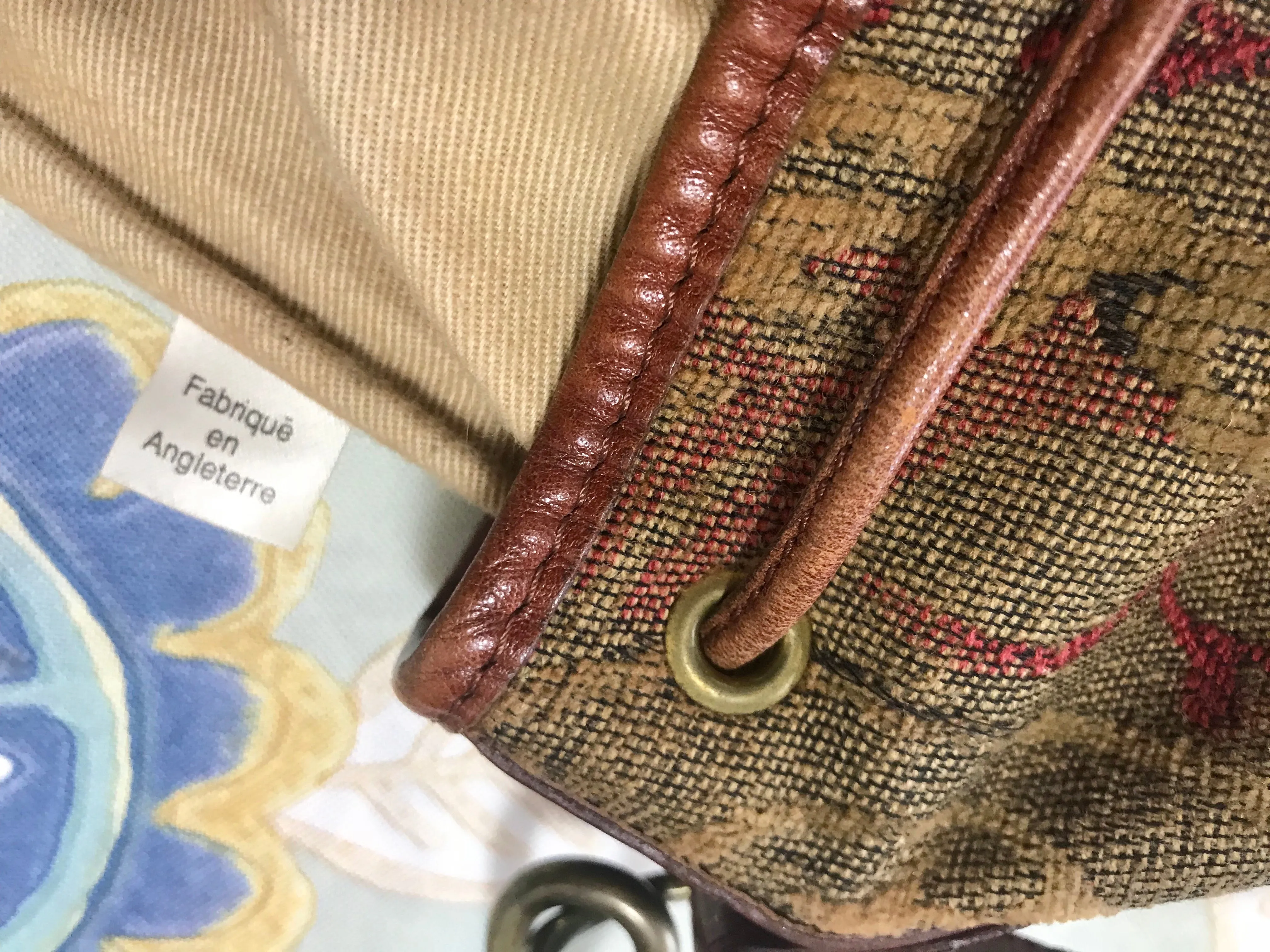 Vintage Mulberry khaki and wine brown gabeline weave fabric hobo bucket shoulder bag with leather trimming. Made in England. 050320r12