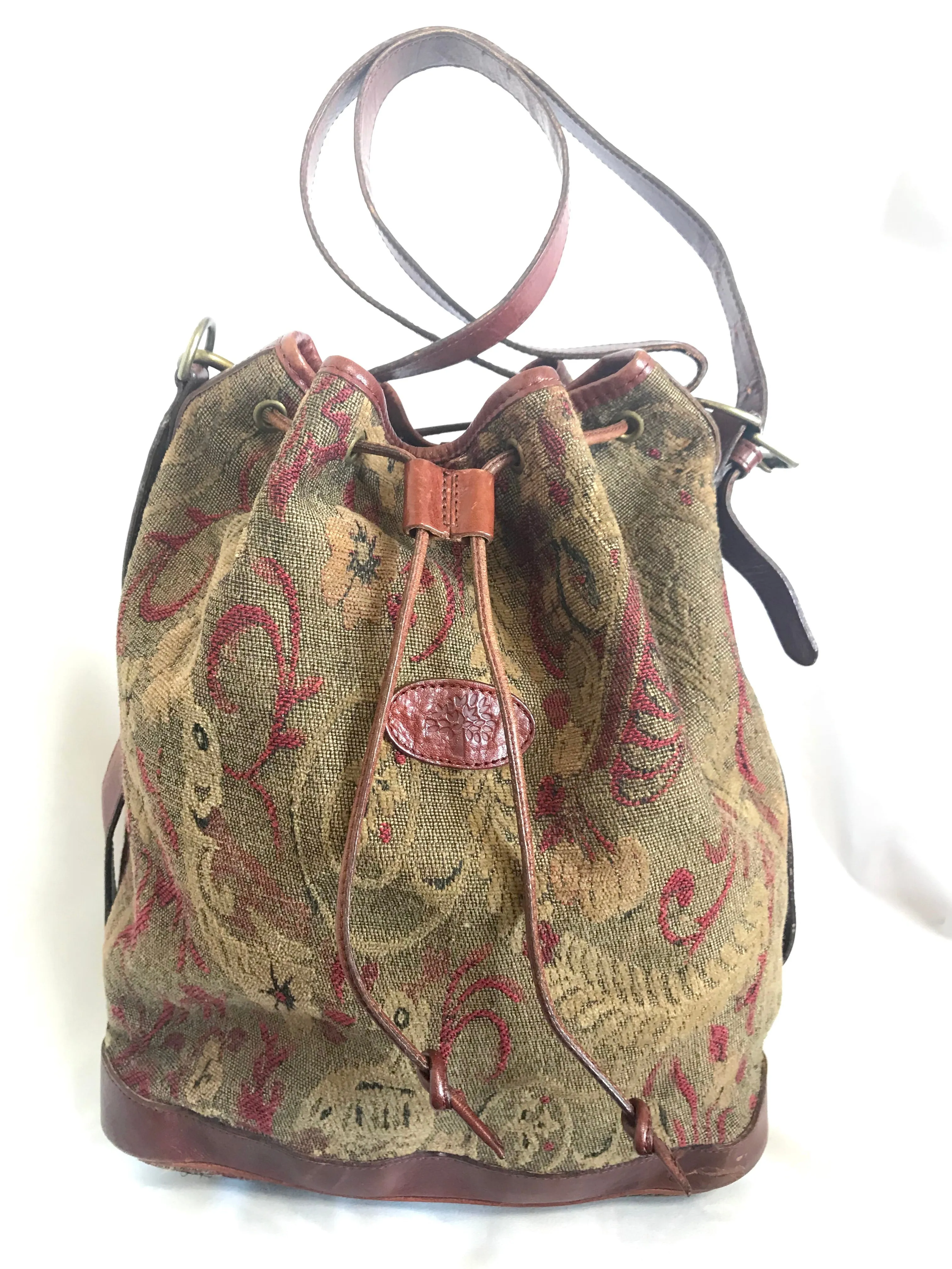Vintage Mulberry khaki and wine brown gabeline weave fabric hobo bucket shoulder bag with leather trimming. Made in England. 050320r12