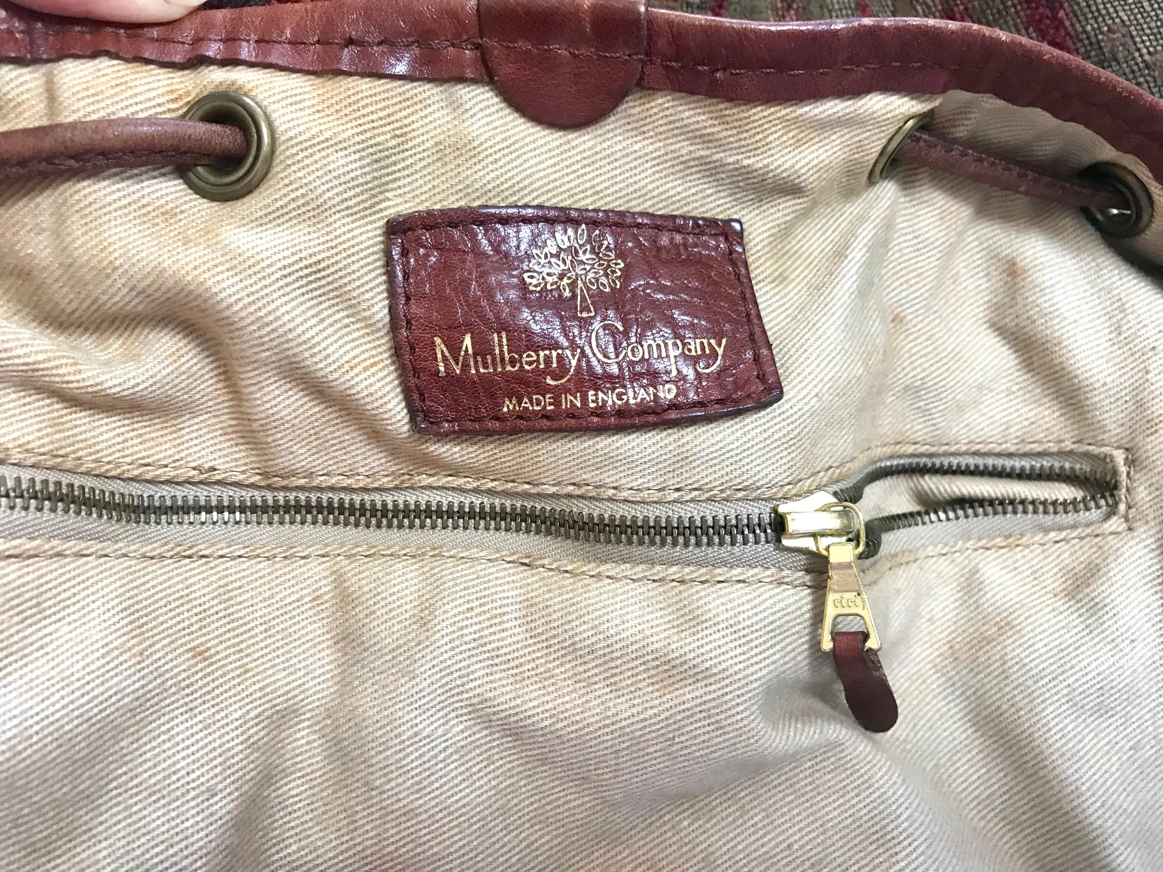 Vintage Mulberry khaki and wine brown gabeline weave fabric hobo bucket shoulder bag with leather trimming. Made in England. 050320r12