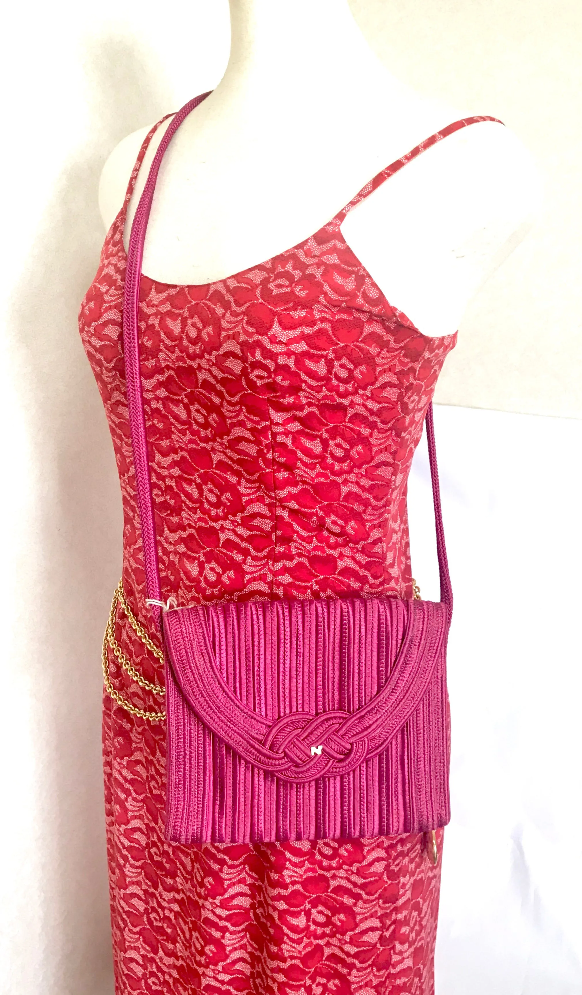 Vintage Nina Ricci hot pink tape fabric shoulder bag/clutch purse with Japanese obi motif and golden logo. So chic.