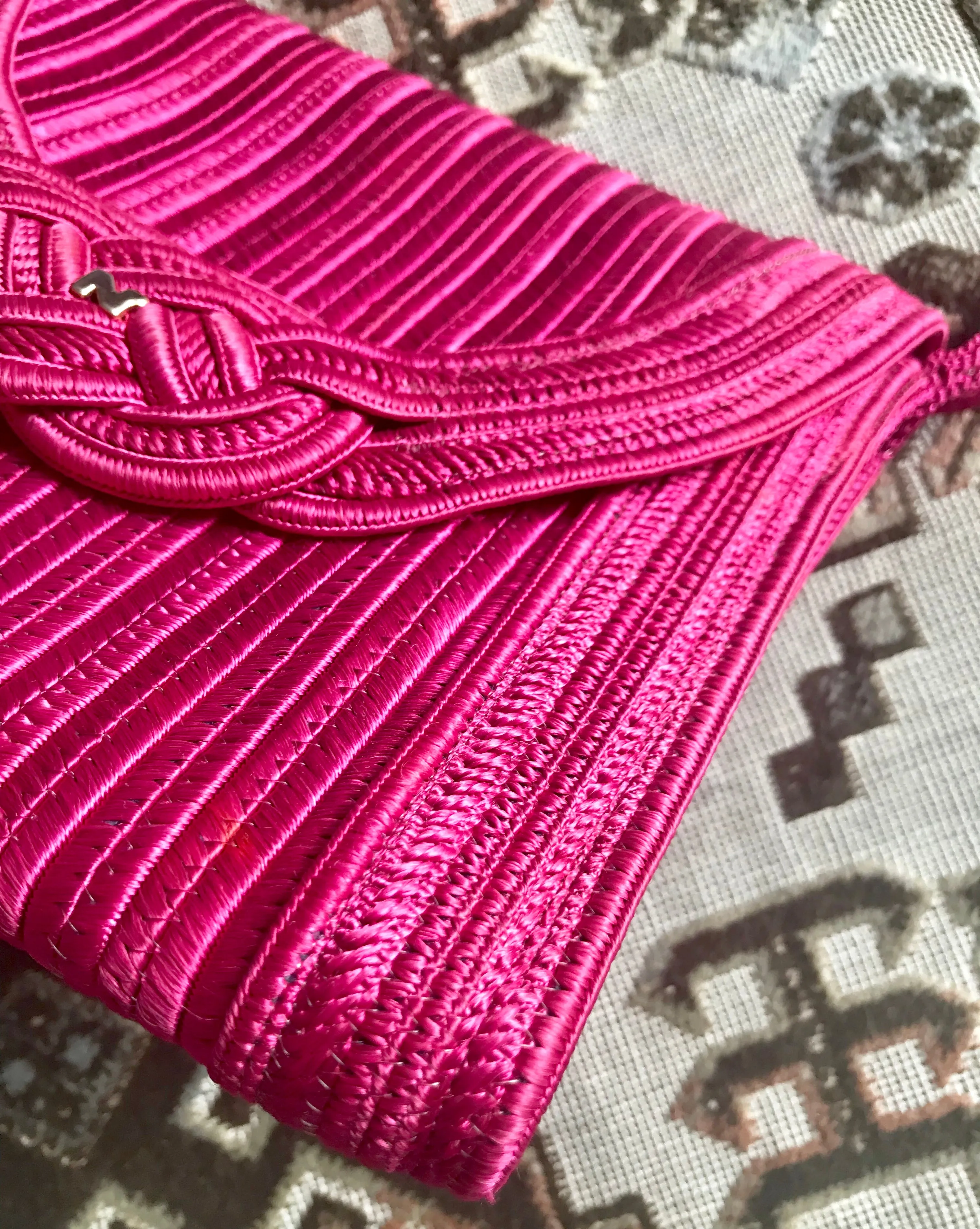 Vintage Nina Ricci hot pink tape fabric shoulder bag/clutch purse with Japanese obi motif and golden logo. So chic.