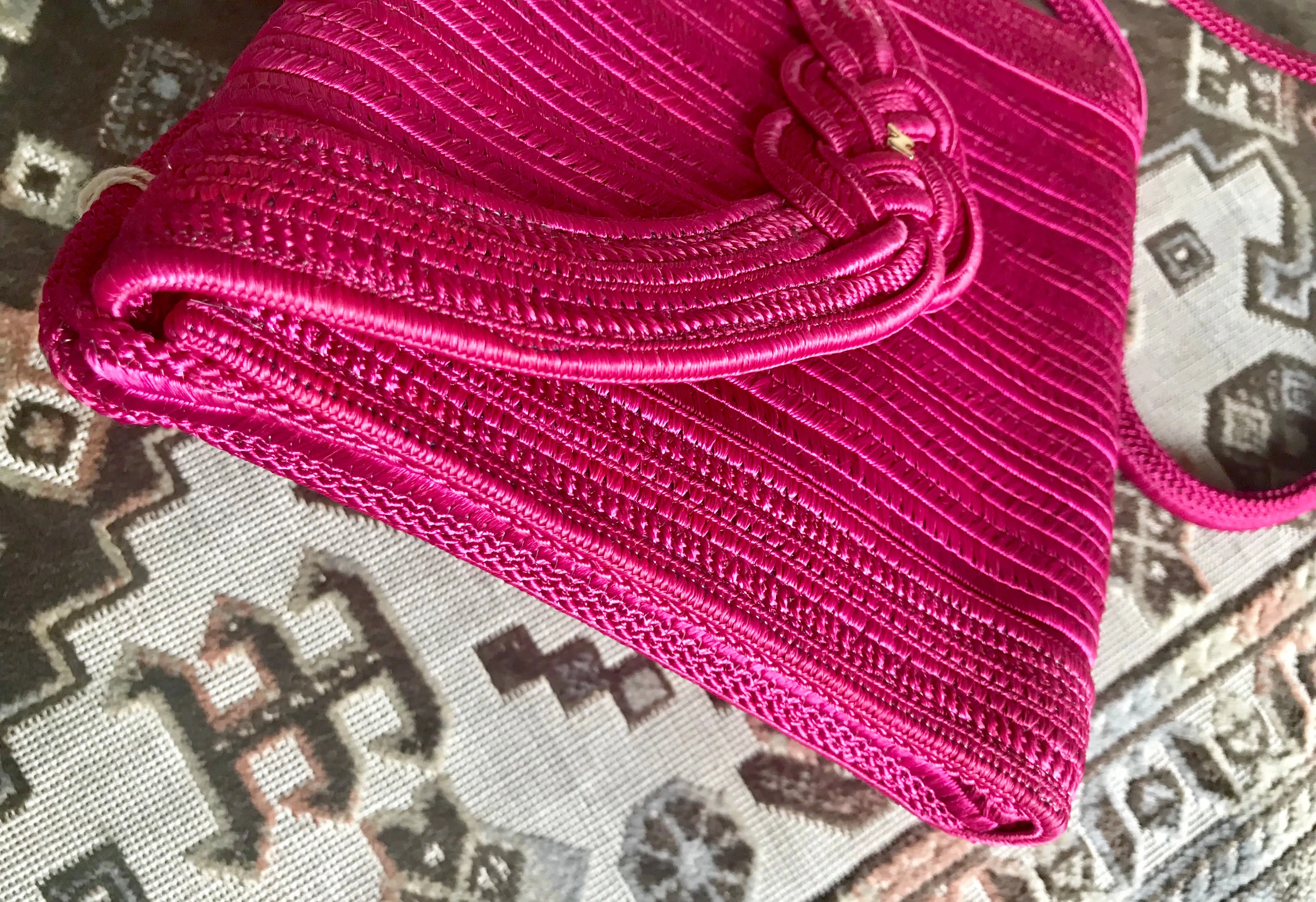 Vintage Nina Ricci hot pink tape fabric shoulder bag/clutch purse with Japanese obi motif and golden logo. So chic.