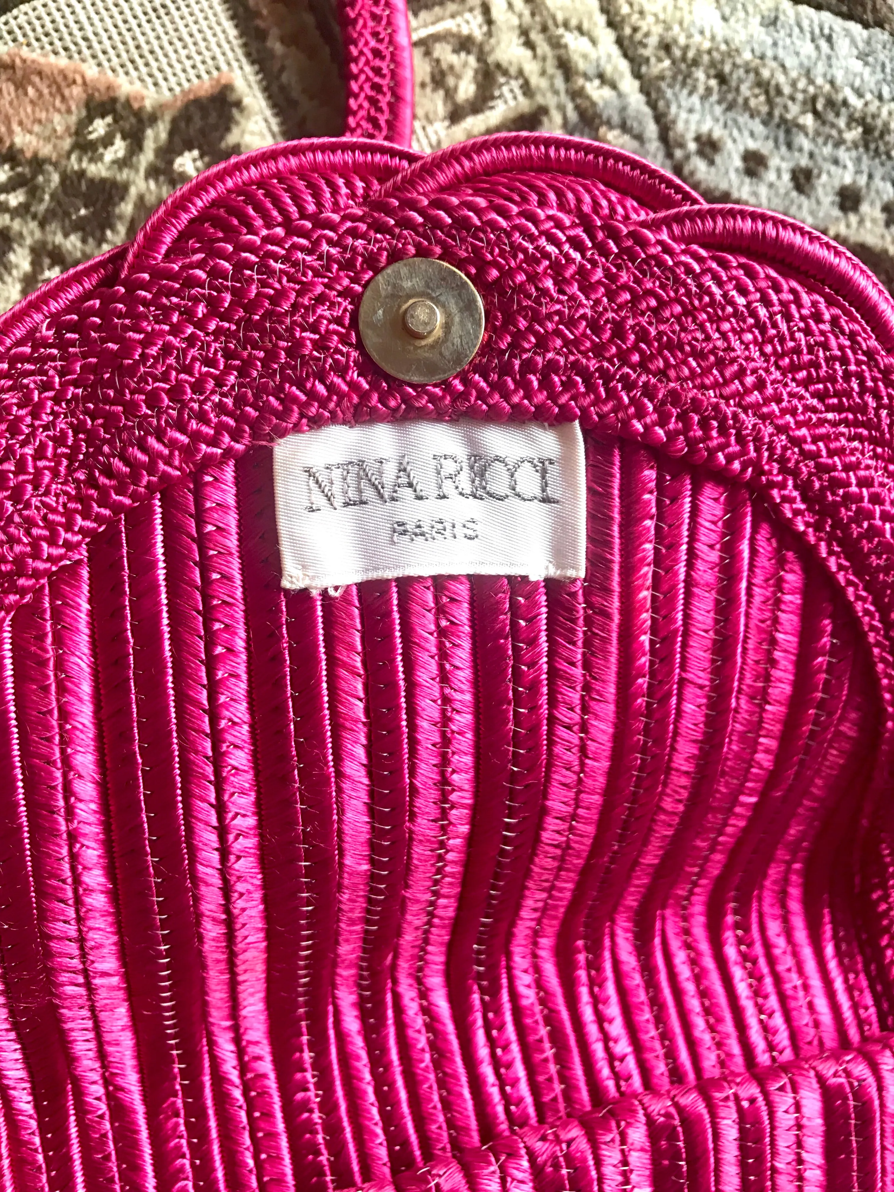 Vintage Nina Ricci hot pink tape fabric shoulder bag/clutch purse with Japanese obi motif and golden logo. So chic.