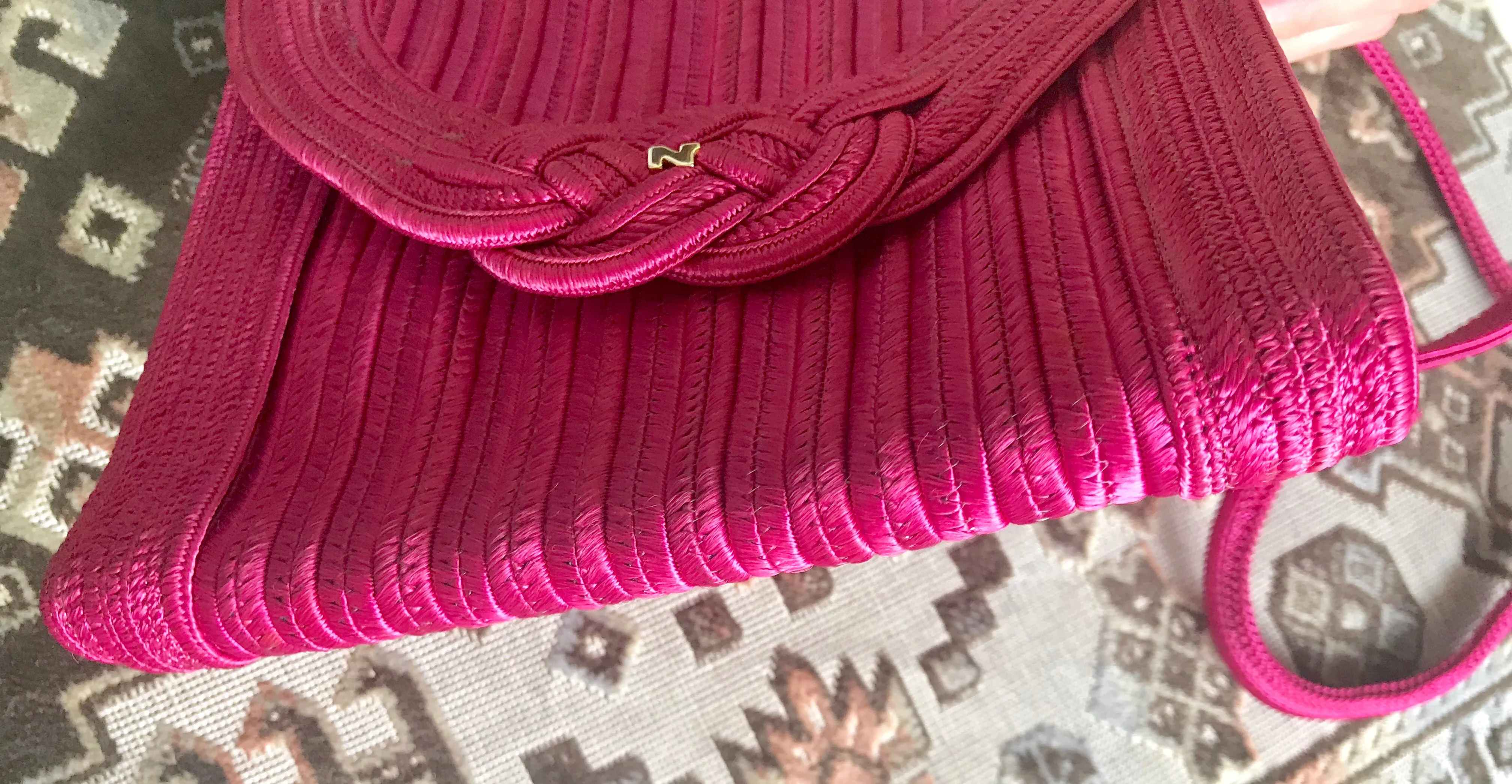 Vintage Nina Ricci hot pink tape fabric shoulder bag/clutch purse with Japanese obi motif and golden logo. So chic.