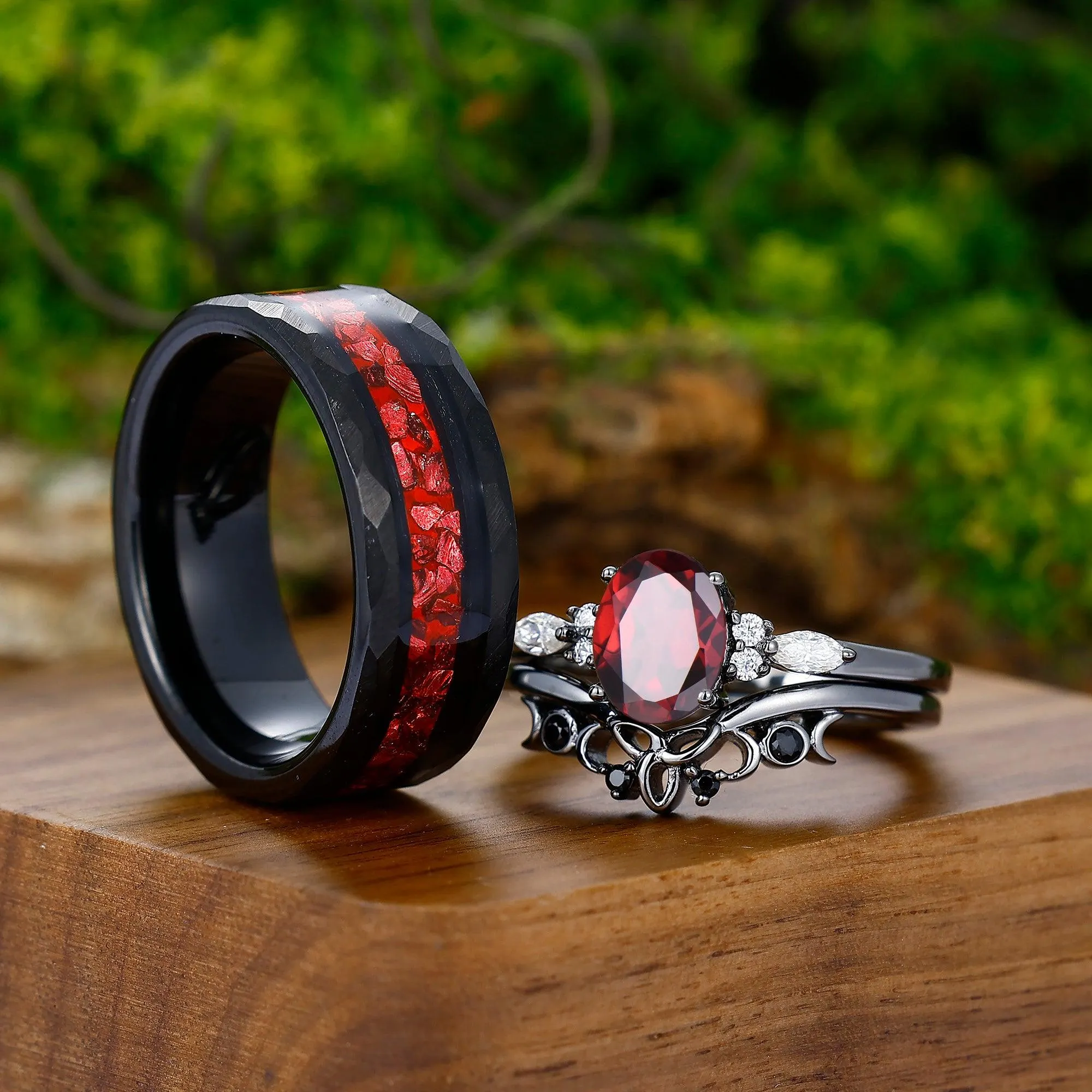 Vintage Oval Red Garnet Tungsten Ruby Couples Ring Set 925 Sterling Sliver Black His and Hers Wedding Band