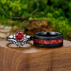 Vintage Oval Red Garnet Tungsten Ruby Couples Ring Set 925 Sterling Sliver Black His and Hers Wedding Band