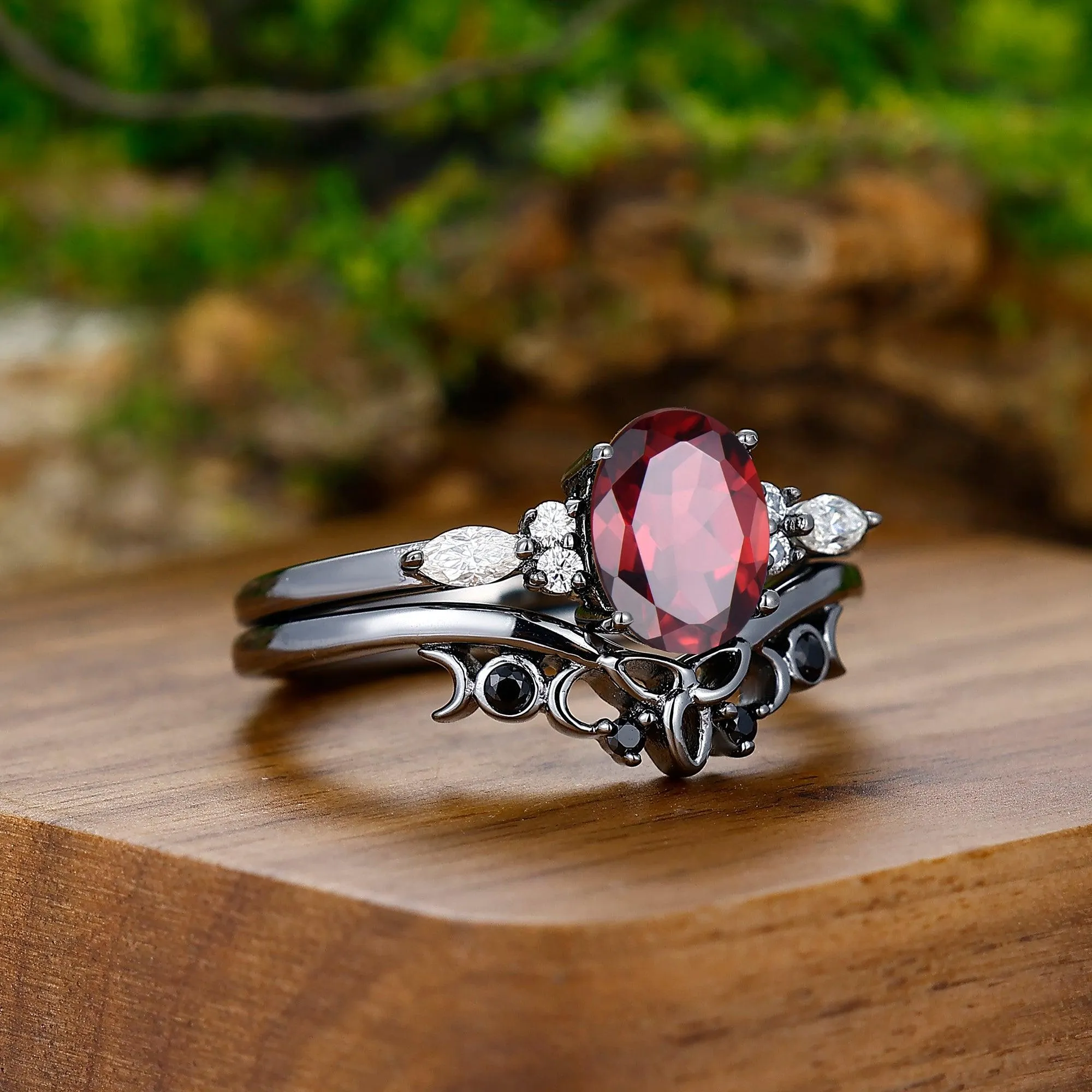 Vintage Oval Red Garnet Tungsten Ruby Couples Ring Set 925 Sterling Sliver Black His and Hers Wedding Band