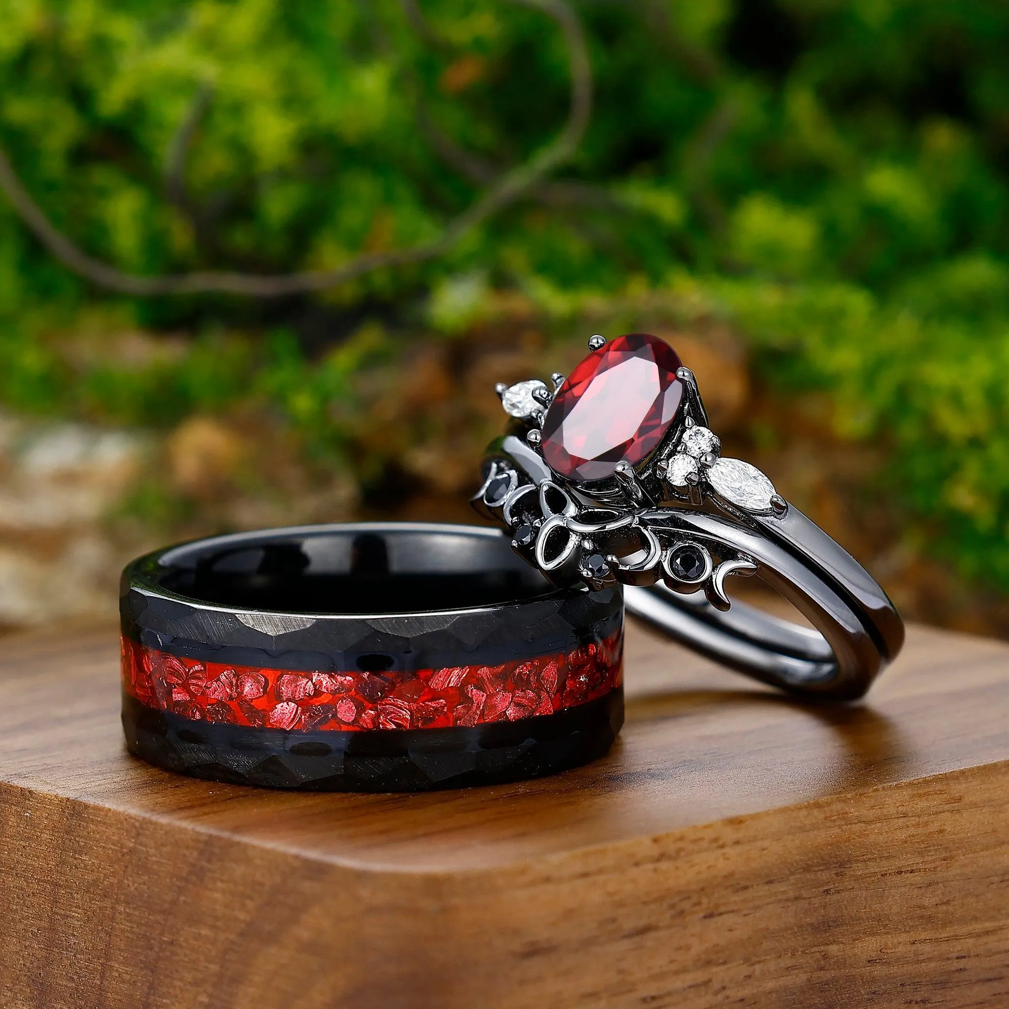 Vintage Oval Red Garnet Tungsten Ruby Couples Ring Set 925 Sterling Sliver Black His and Hers Wedding Band