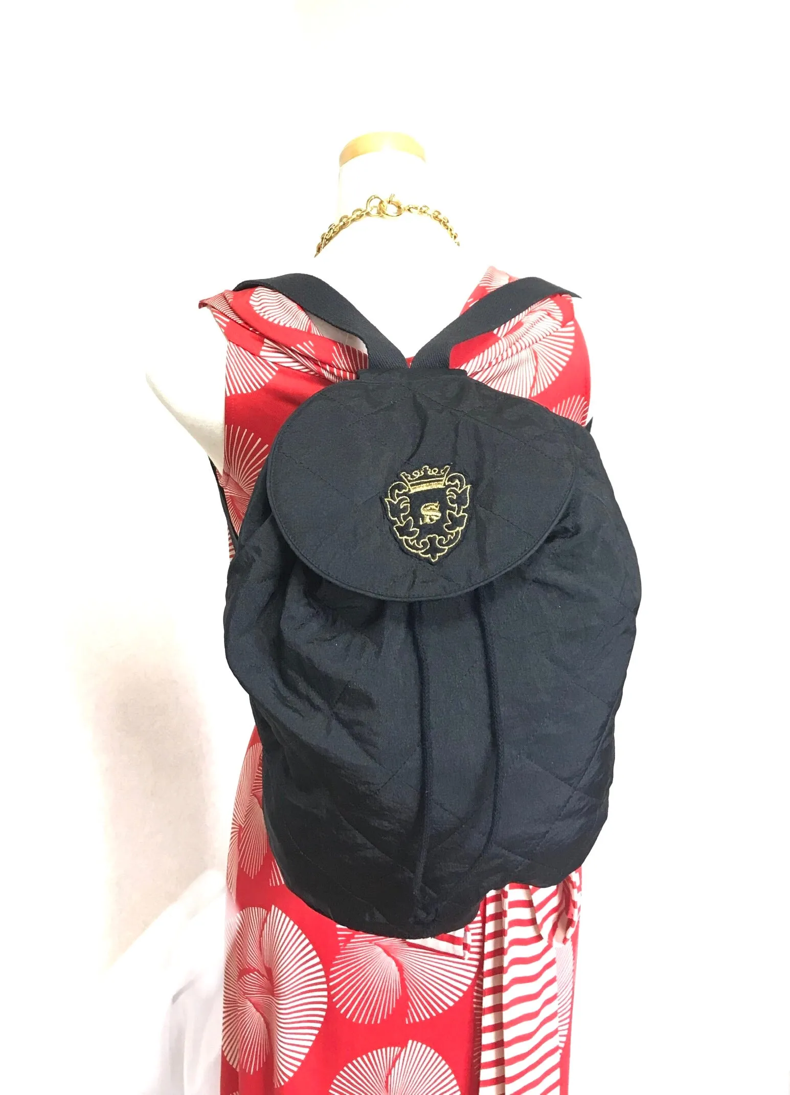 Vintage Sonia Rykiel black lightweight quilted fabric backpack. Travel bag. Made in France.