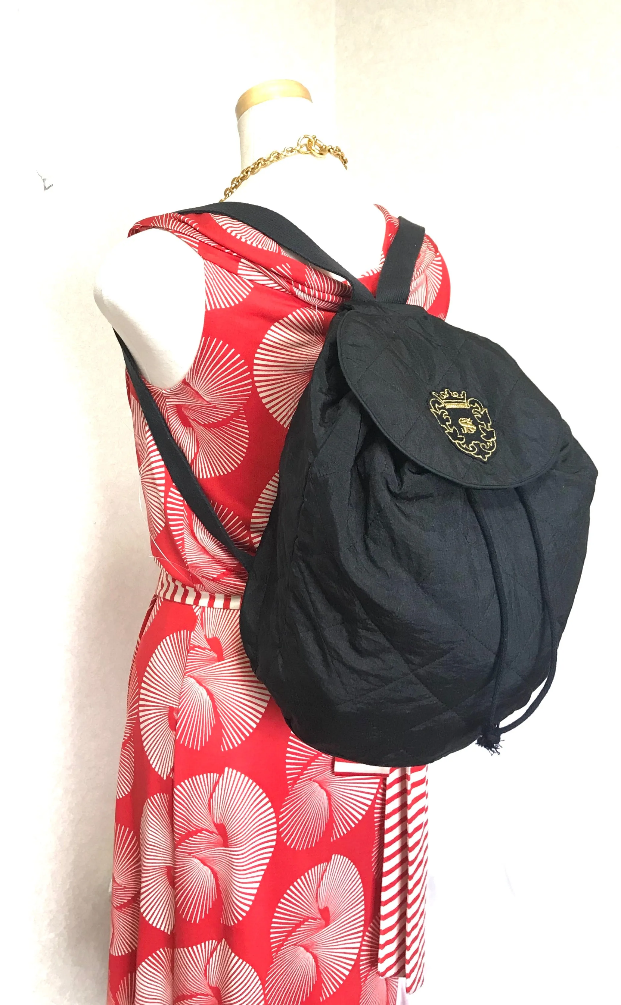 Vintage Sonia Rykiel black lightweight quilted fabric backpack. Travel bag. Made in France.