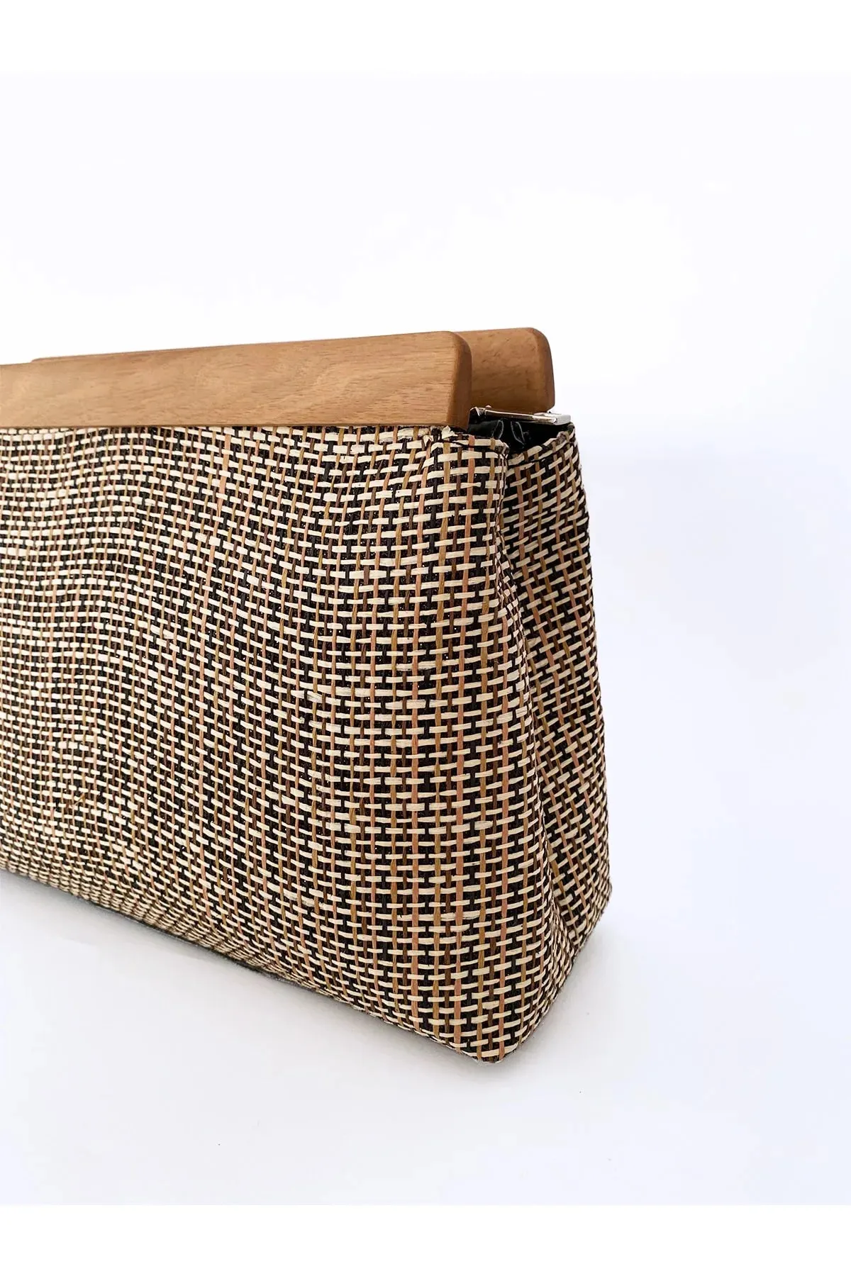 Wooden Detail Striped Jute Straw Clutch