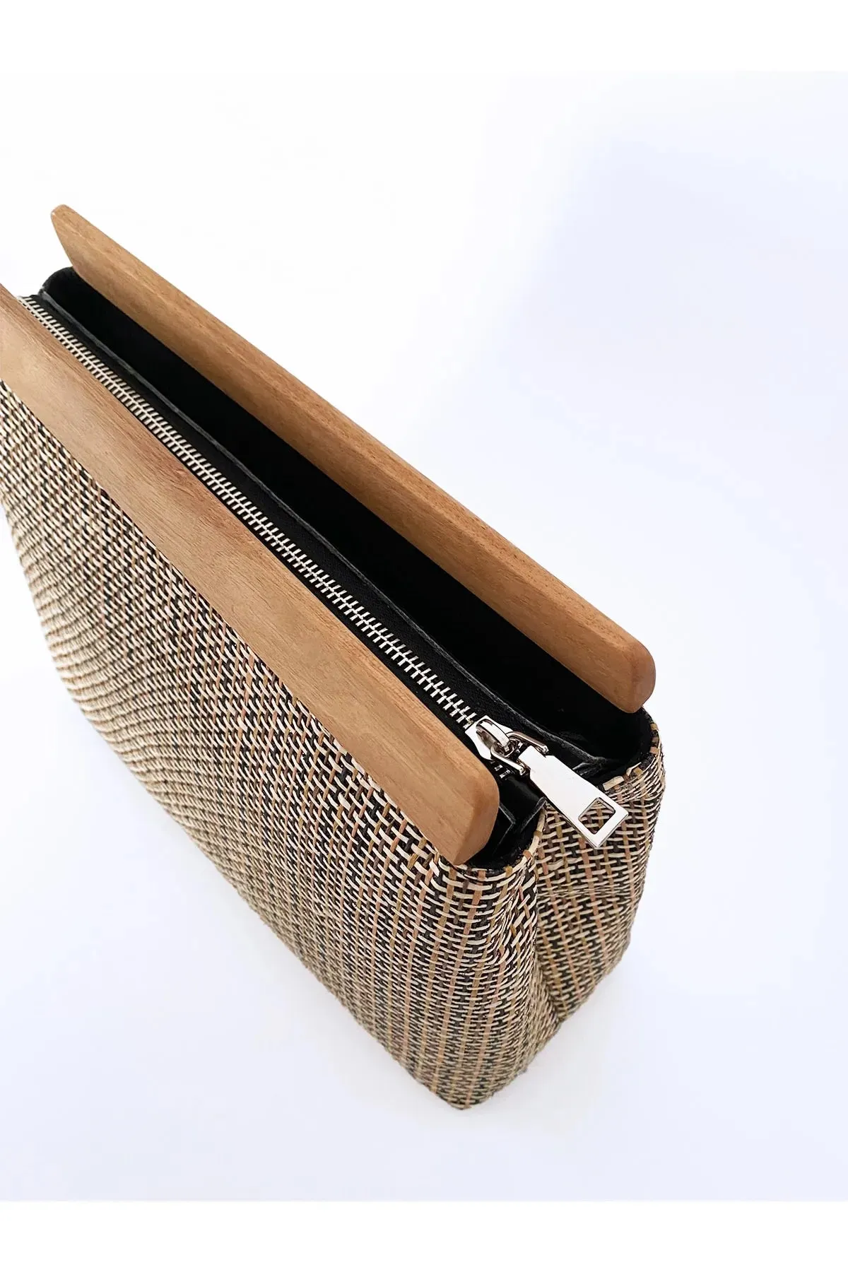 Wooden Detail Striped Jute Straw Clutch