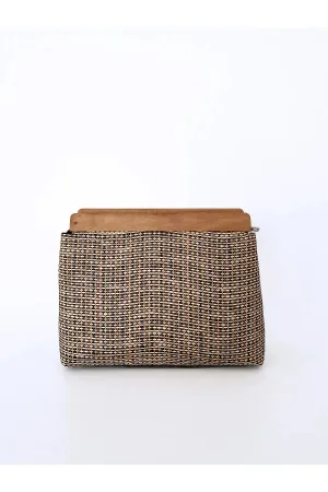 Wooden Detail Striped Jute Straw Clutch