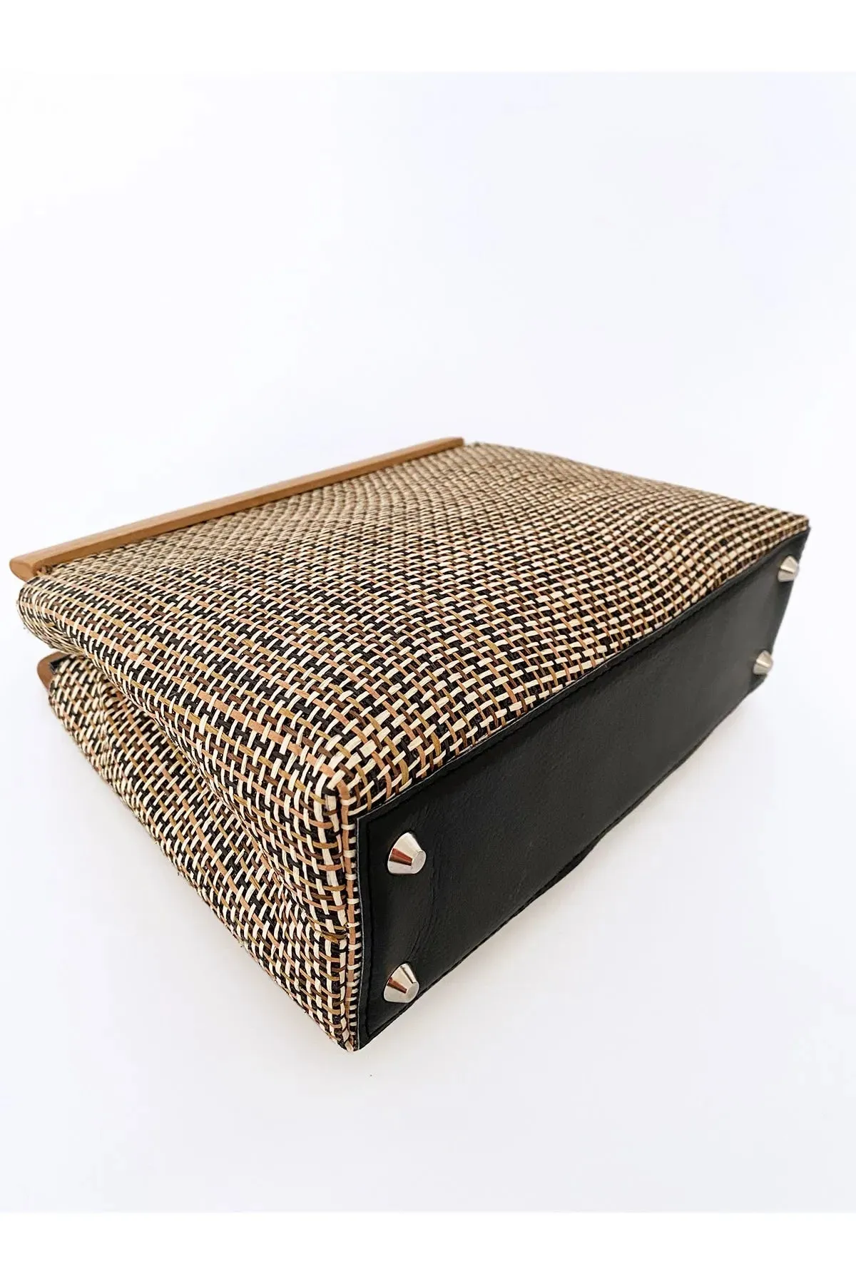 Wooden Detail Striped Jute Straw Clutch