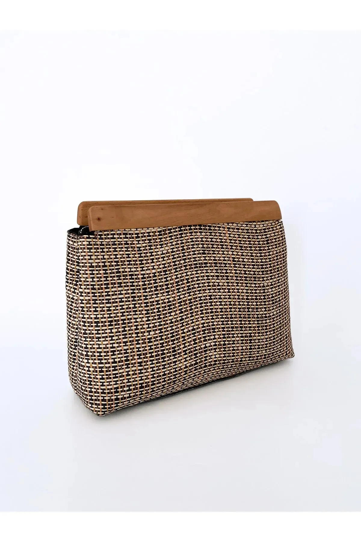 Wooden Detail Striped Jute Straw Clutch