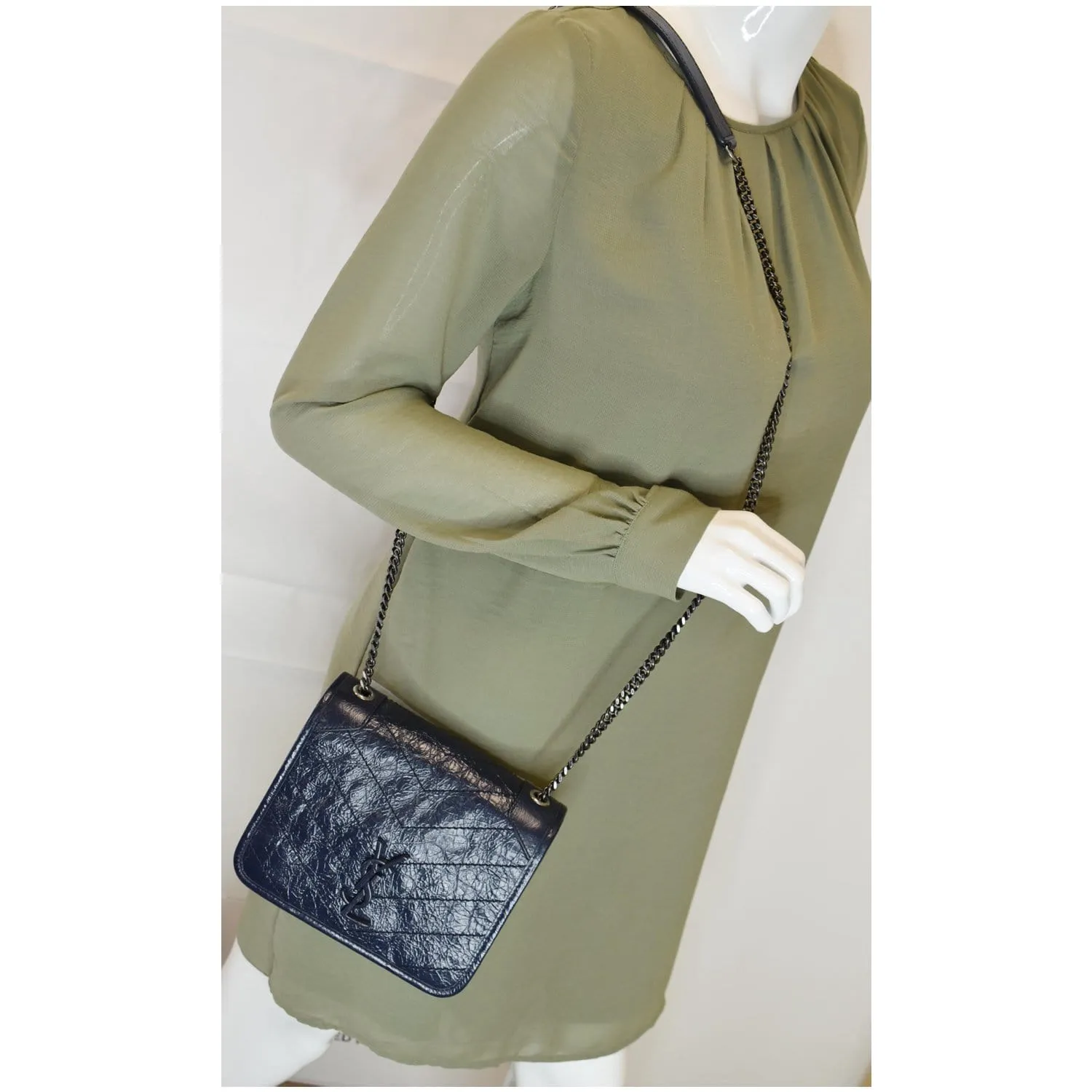 YVES  SAINT LAURENT Niki Chain Wallet Leather Crossbody Bag Blue