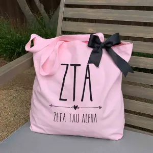Zeta Tau Alpha Pink Canvas Tote Bag with Black Bow