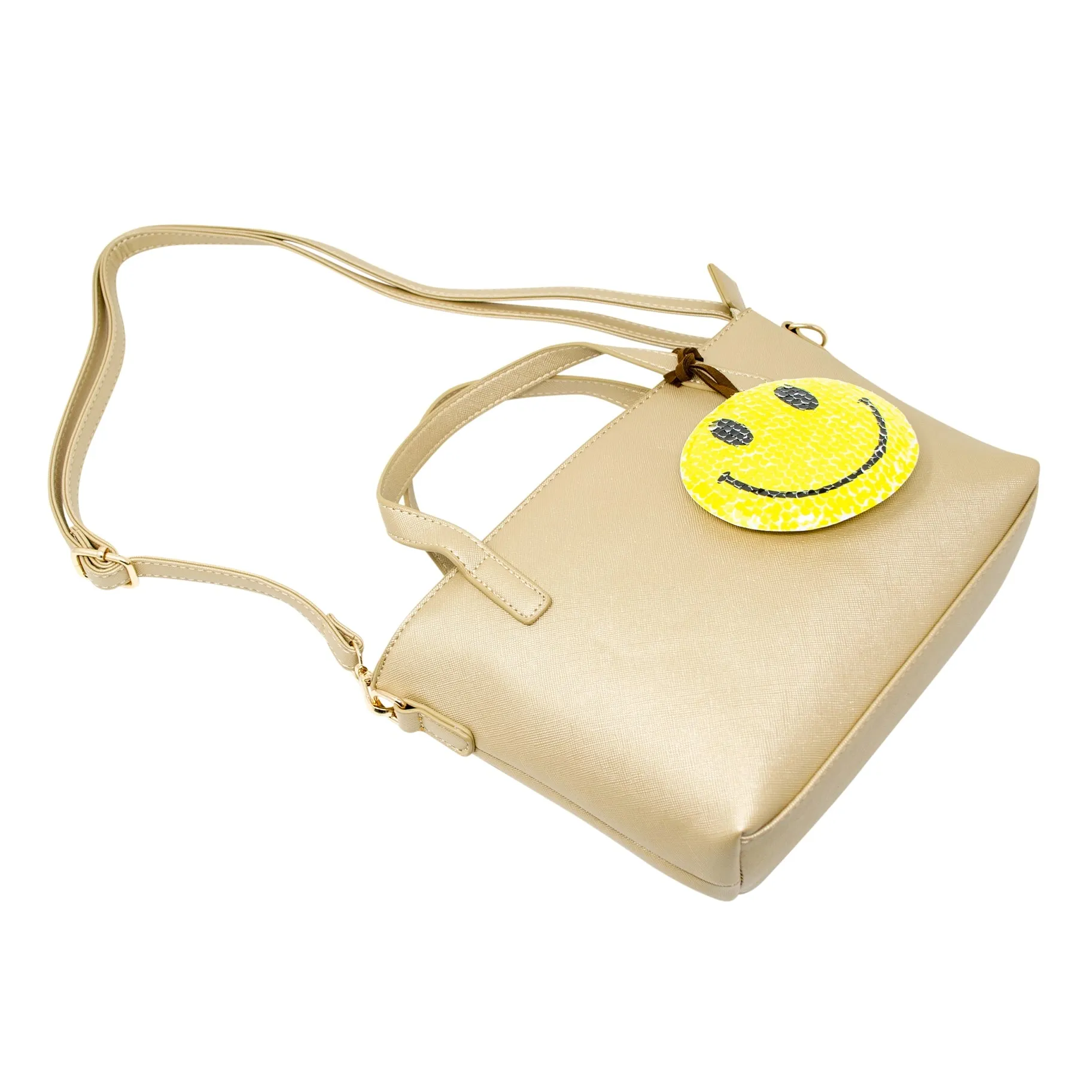 Zomi Gems Leather Tote Bag w/Charm - Gold w/Smiley